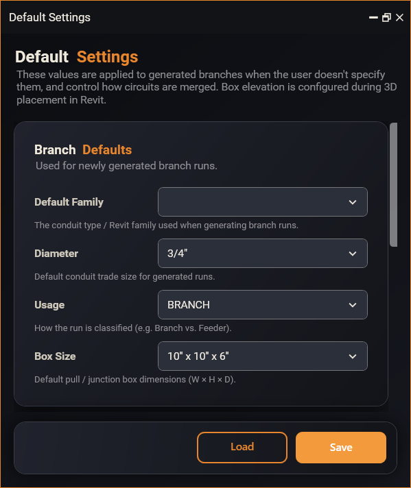 The Branch Defaults section of the Default Settings window