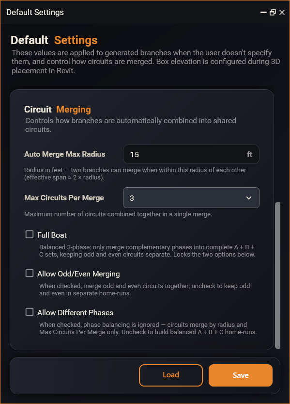 The Circuit Merging section of the Default Settings window