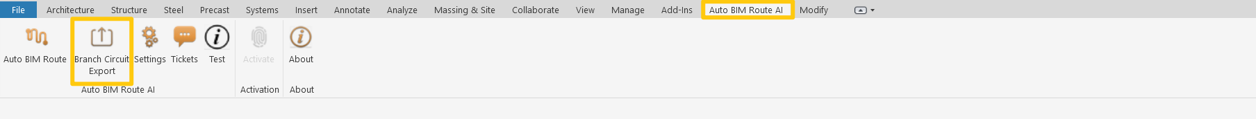 The Branch Circuit Export button in the Auto BIM Route AI ribbon