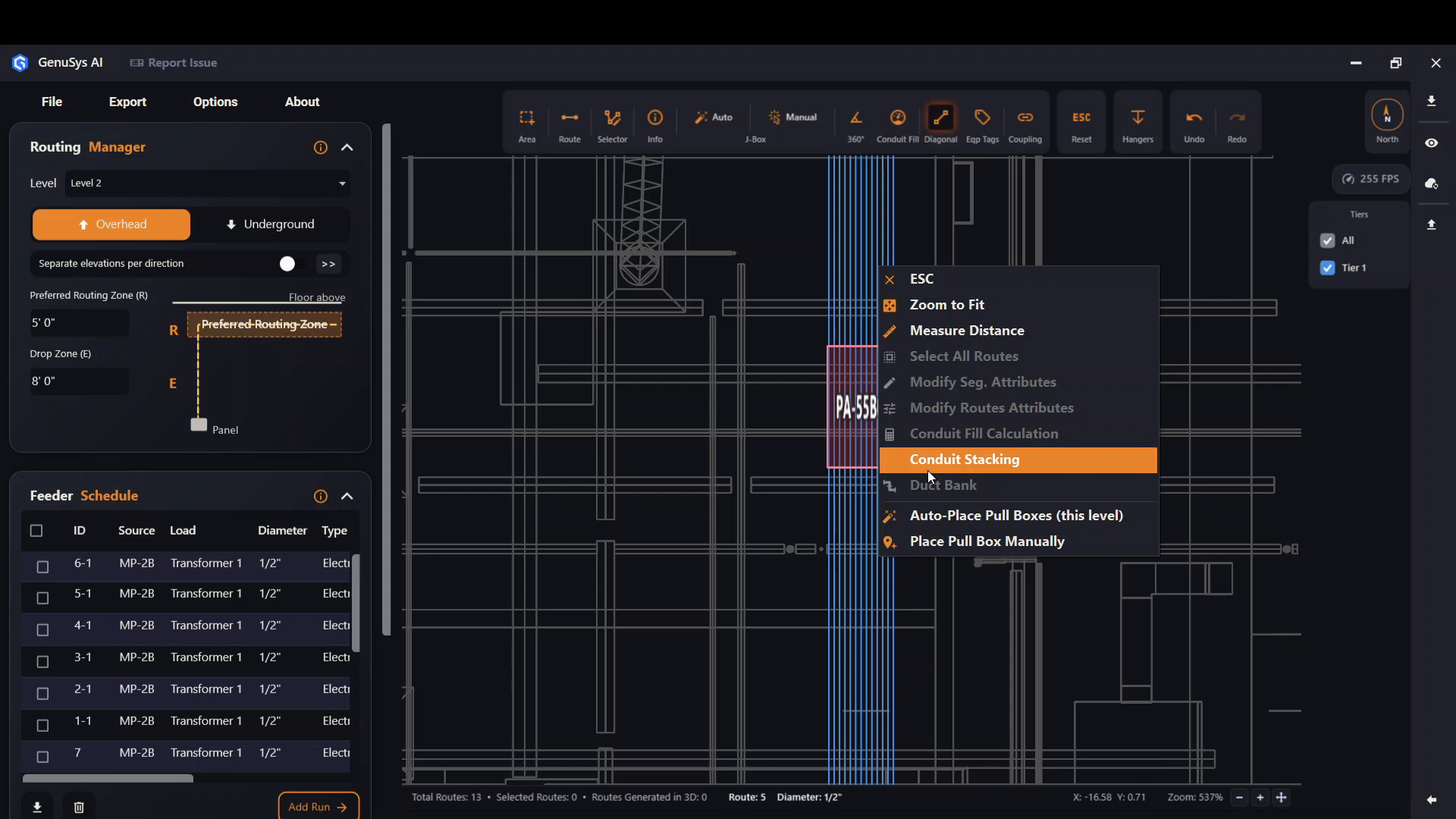 Right-click a preferred area and choose Conduit Stacking