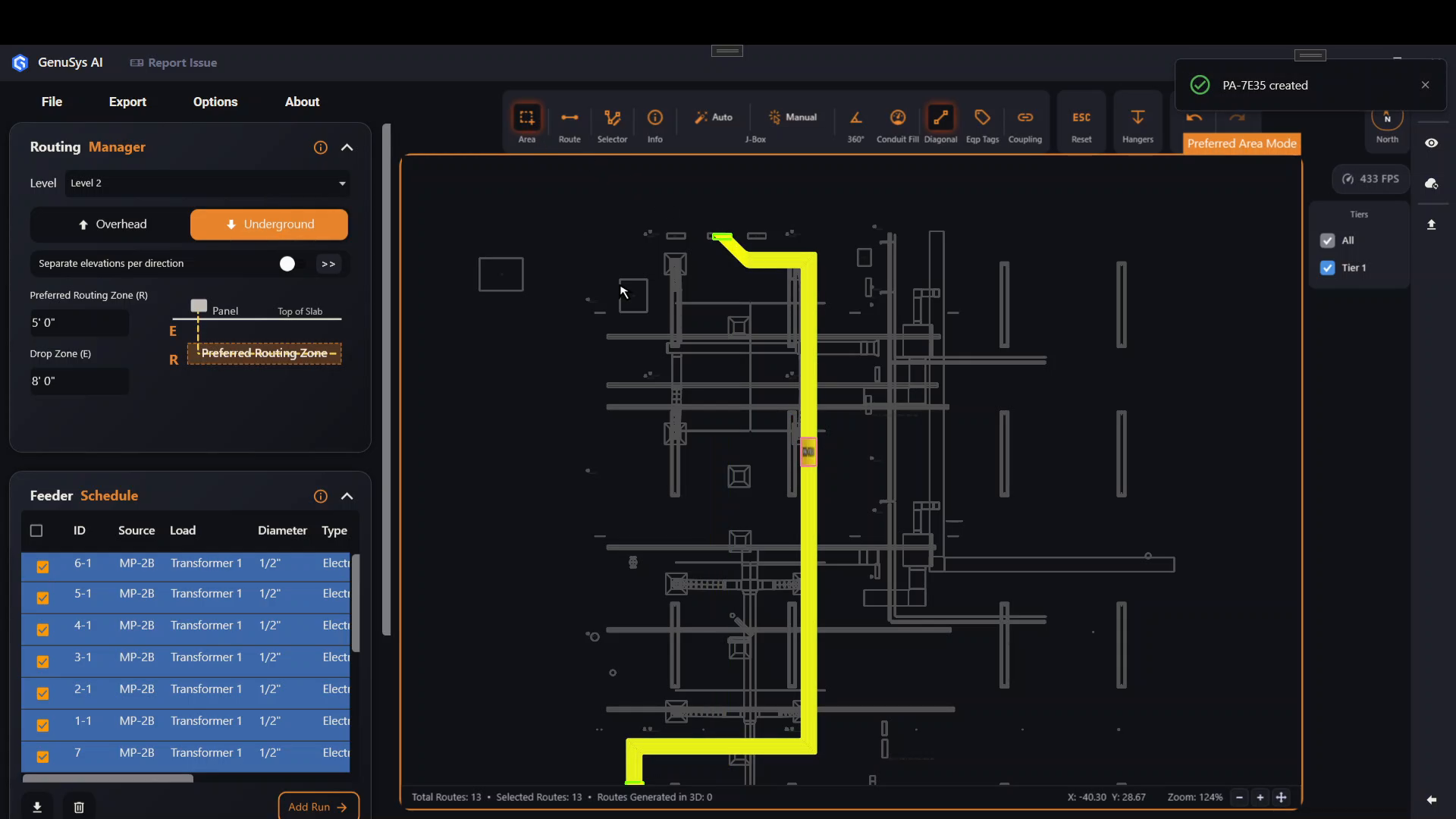 Underground mode with a preferred area drawn around the conduits
