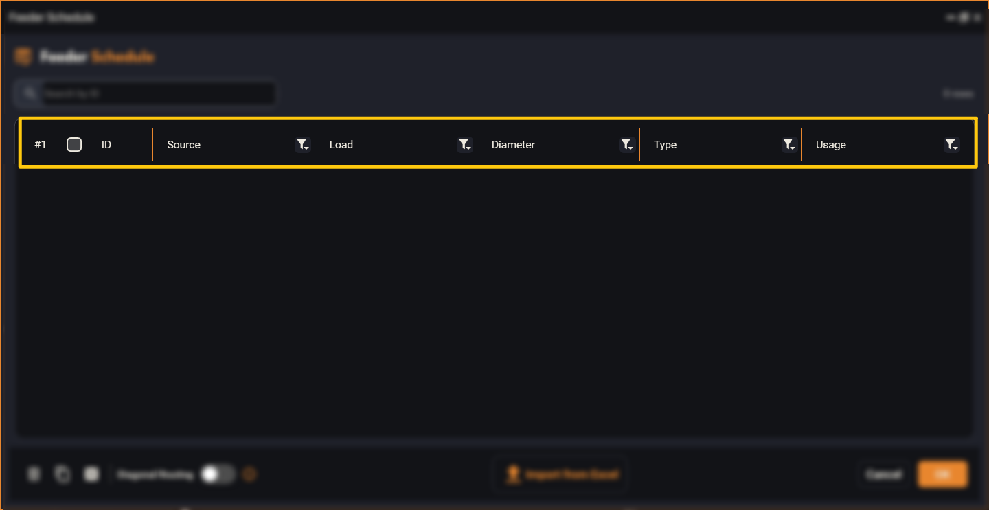 The Feeder Schedule column headers — ID, Source, Load, Diameter, Type, Usage