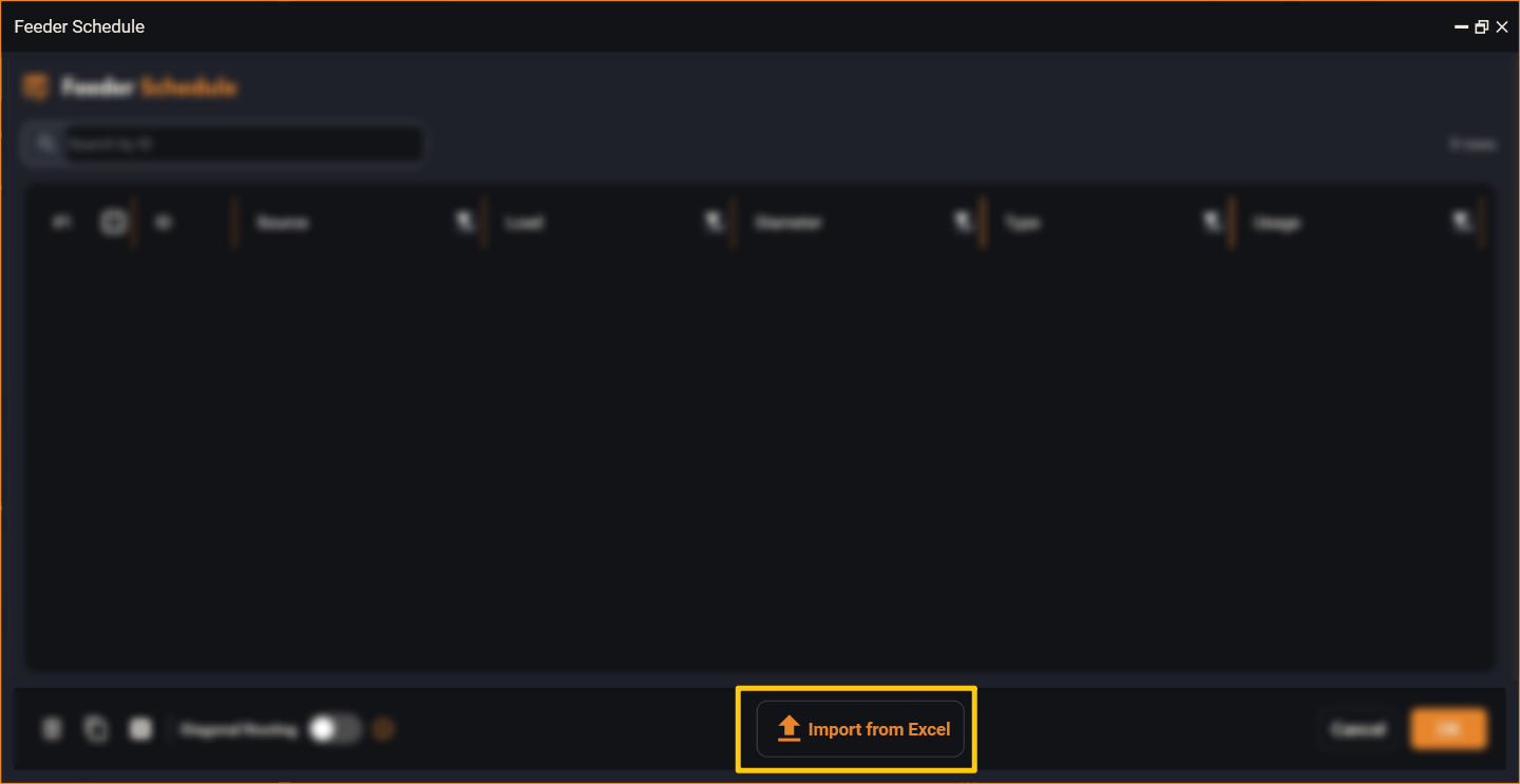 The Import from Excel button at the bottom of the Feeder Schedule window