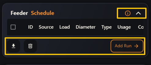 The Feeder Schedule panel buttons — Download, Delete and Add Run, plus the header Info and collapse controls