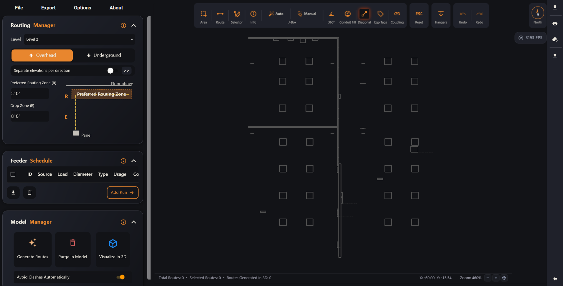 The Auto BIM Route main window, divided into numbered parts