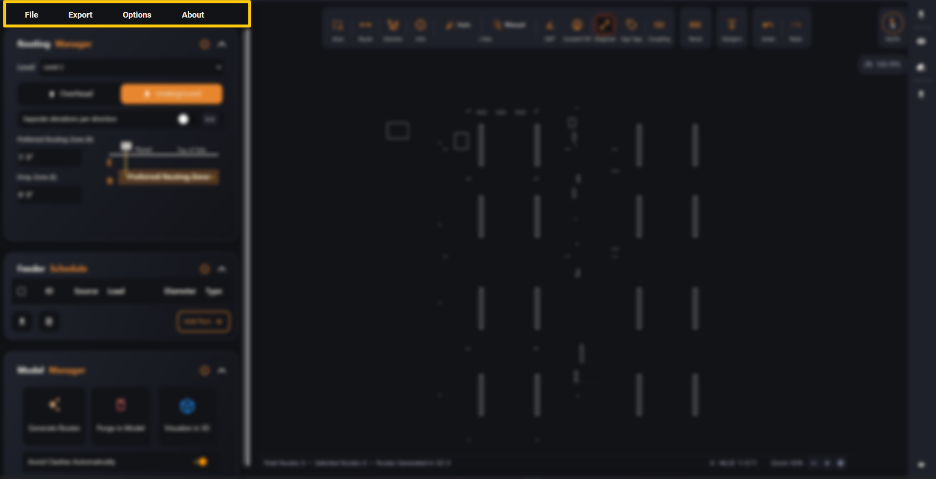 The top menu bar — File, Export, Options, About