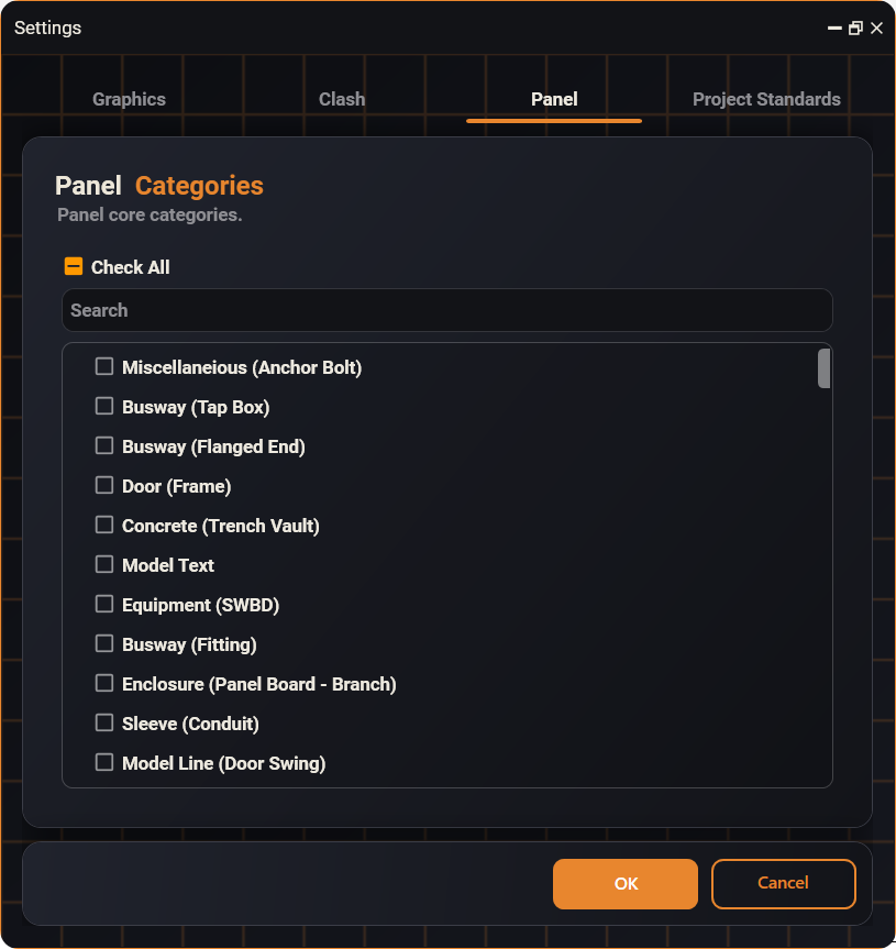 The Panel window in Settings