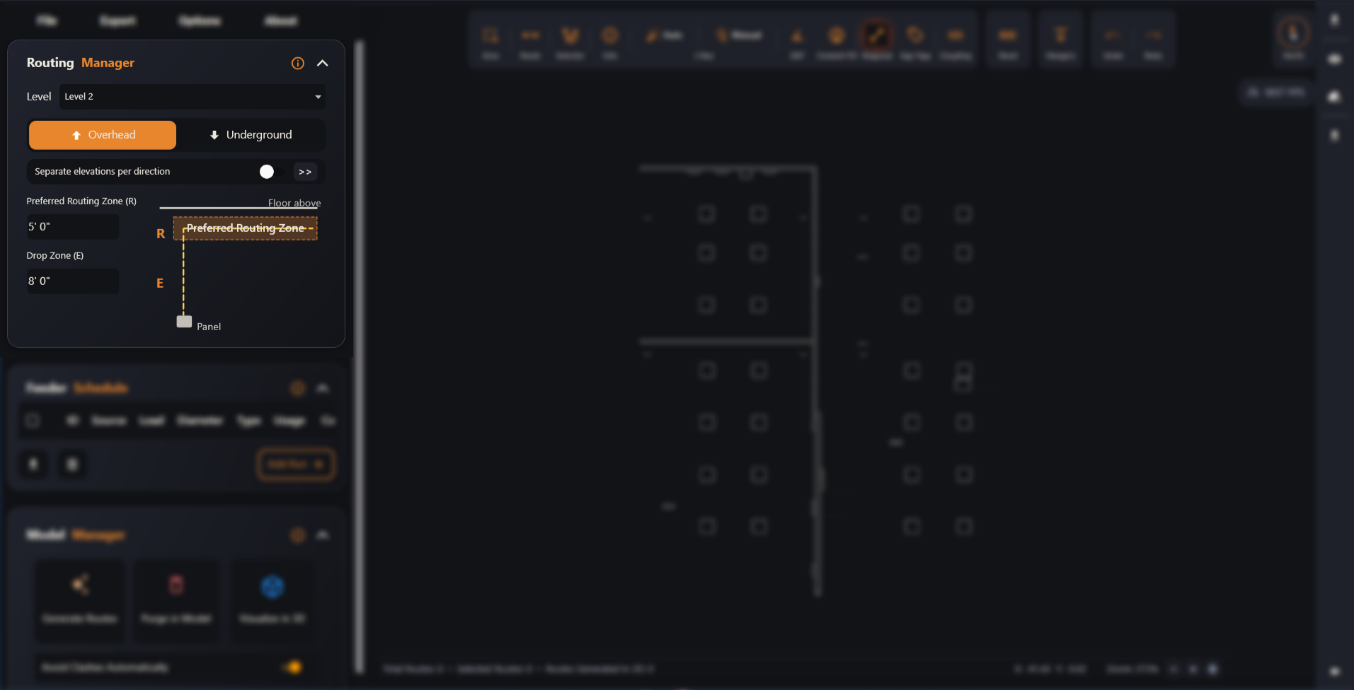 The Routing Manager panel in Overhead mode