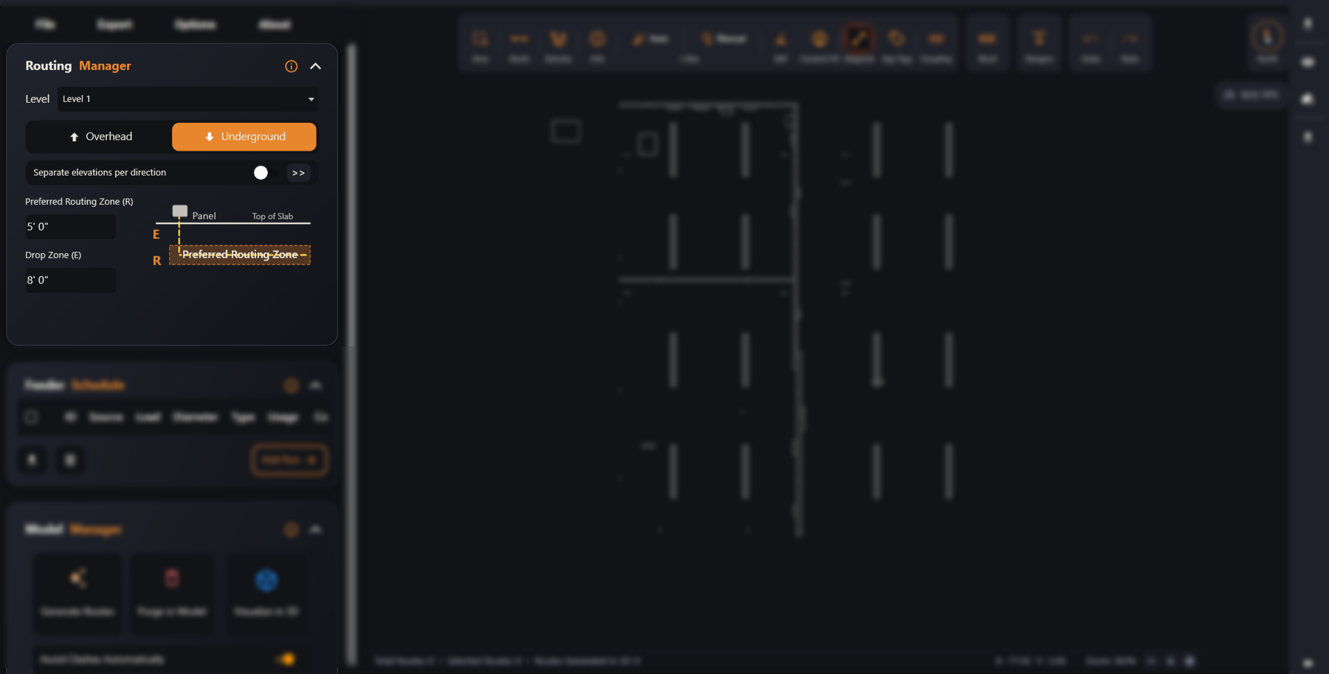 The Routing Manager panel in Underground mode
