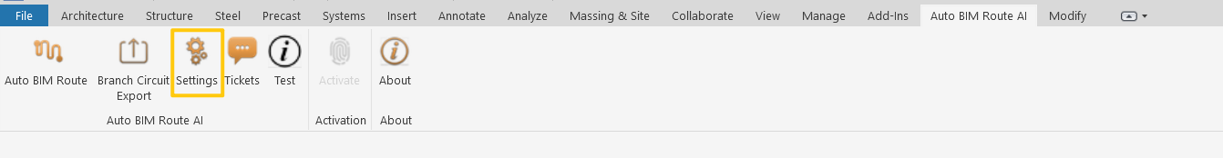 The Settings button in the Auto BIM Route AI ribbon